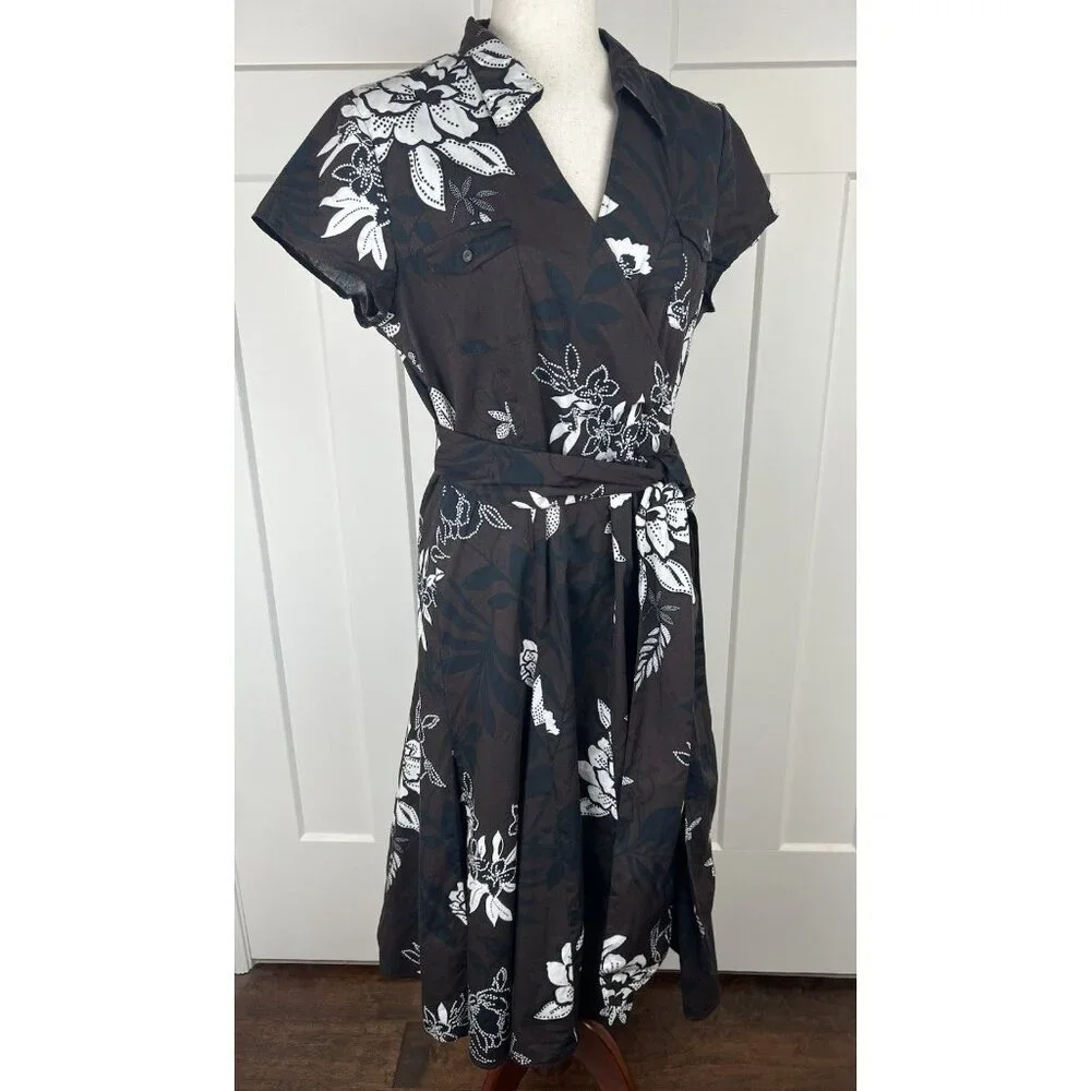 Talbots Fit & Flare Dress 12 Brown Cream Floral Faux Wrap Belted Midi - Picture 8 of 10
